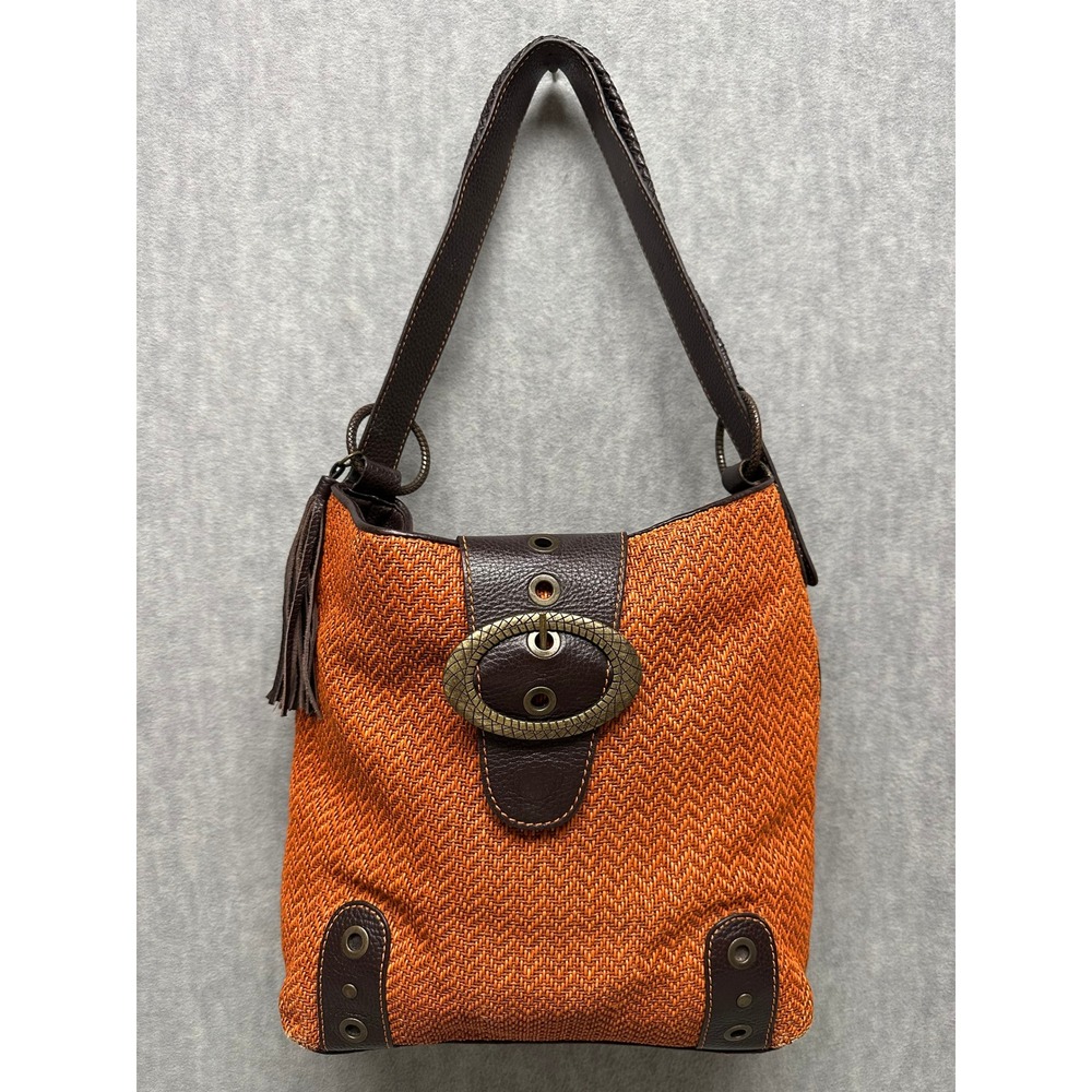 Adrienne Vittadini Shoulder Bag Orange Woven Leather Buckle Tassel Hobo